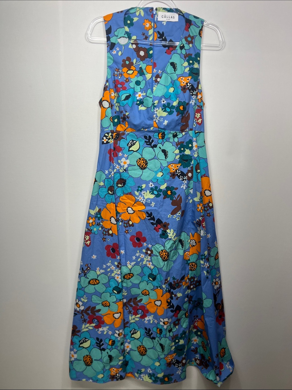 CÂLLAS Milano Blue Floral Cotton Midi Dress Made in Italy IT 42 US 6 - Picture 2 of 12